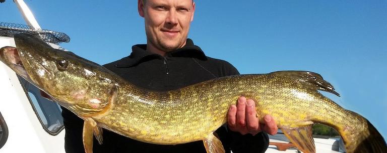 David Frost shows off a 5kg pike caught at Maribosøerne